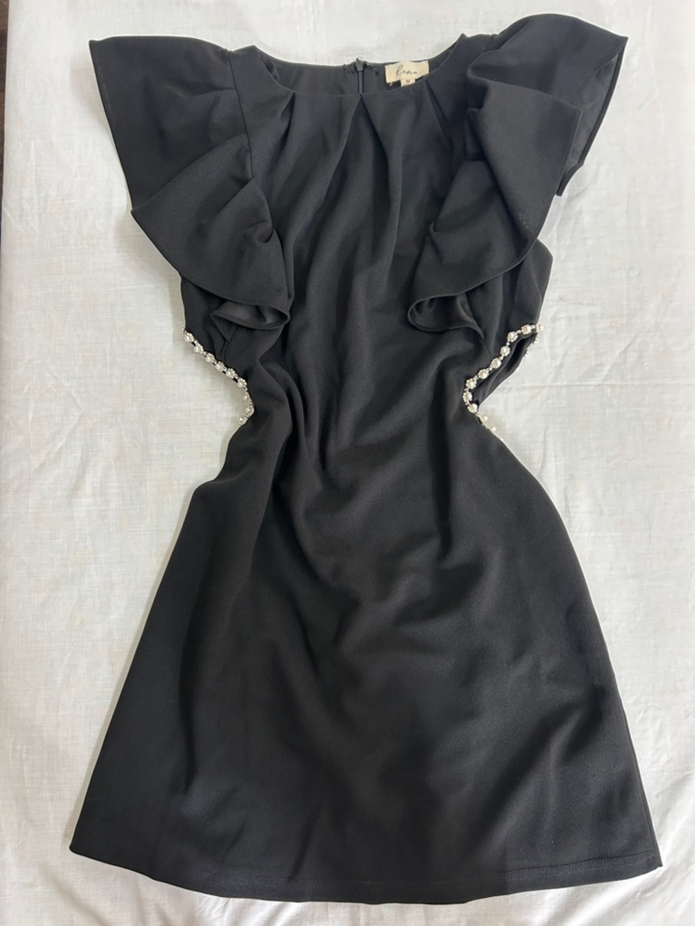 Black Ruffle Cutout Dress with Rhinestone Trim